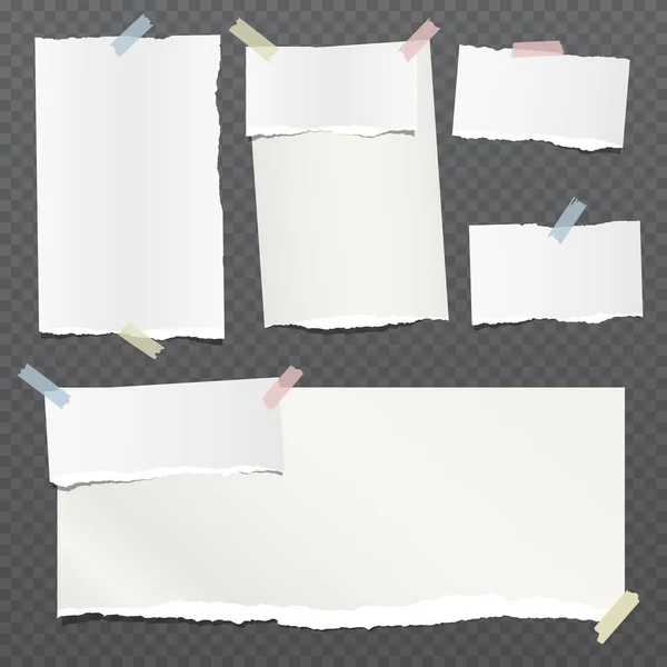 Torn white note, notebook paper pieces stuck with sticky tape on black squared background. Vector illustration — Stock Vector