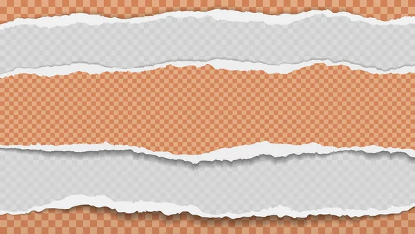 Pieces of torn, white and orange realistic horizontal paper strips with soft shadow are on squared background. Vector illustration — ストックベクタ