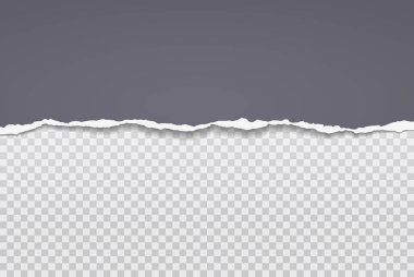 Yumuşak gölgeli, yırtılmış, yatay koyu gri kağıt parçası beyaz kare arka planda. Vektör illüstrasyonu