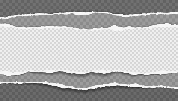 Stukken gescheurde, witte en grijze realistische horizontale papierstroken met zachte schaduw bevinden zich op zwarte vierkante achtergrond. Vectorillustratie — Stockvector