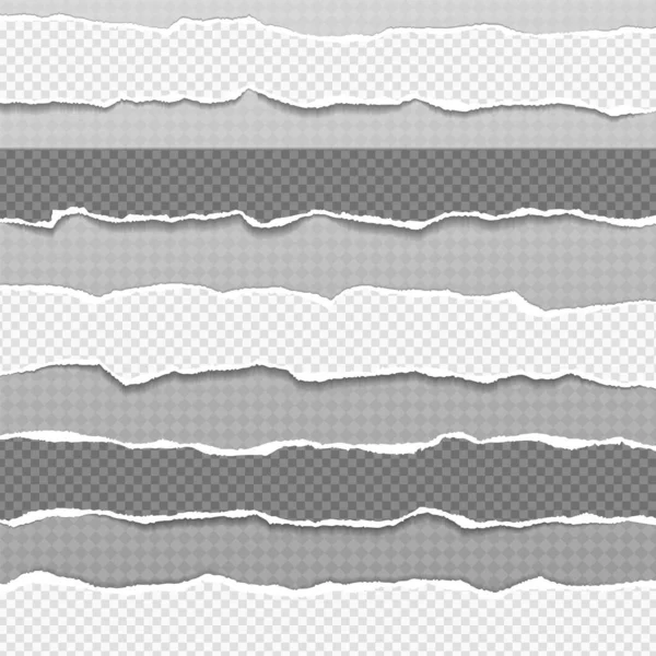 Stücke von zerrissenen weißen und grauen quadratischen horizontalen Papierstreifen mit sanftem Schatten befinden sich auf dunklem Hintergrund. Vektorillustration — Stockvektor