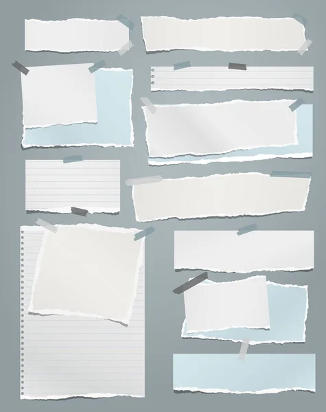 Note blanche et bleue déchirée, bandes de papier pour carnet et morceaux collés sur fond gris. Illustration vectorielle — Image vectorielle