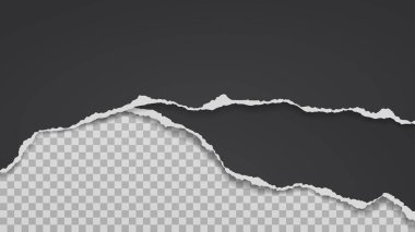 Yırtılmış, parçalanmış, yumuşak gölgeli siyah kağıt, gri arkaplanda yazı için var. Vektör illüstrasyonu