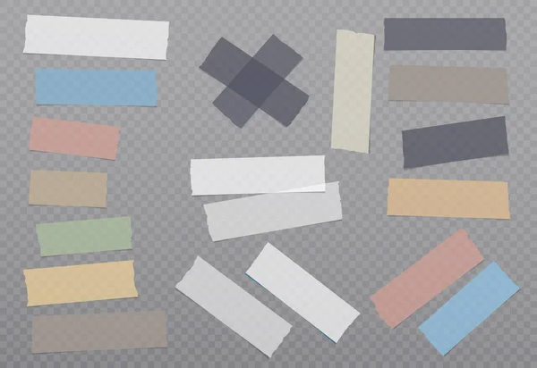 白とカラフルな異なるサイズの接着剤、粘着性、マスキング、ダクトテープ、紙片は暗い正方形の背景にあります ロイヤリティフリーストックベクター