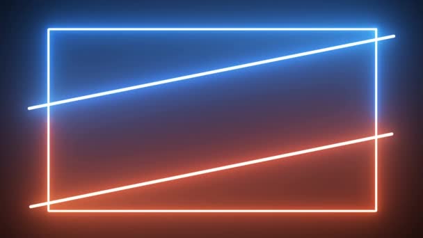 Luces de neón móviles azules, rojas abstractas con estroboscópico, efecto glitch, marco rectangular, animación en bucle láser — Vídeo de stock