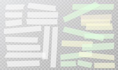 Beyaz ve yeşil farklı boyutlarda yapıştırıcı, yapışkan, maskeleme, koli bandı, kağıt parçaları koyu kare arka planda.