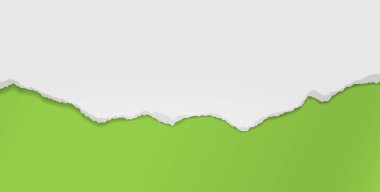 Yeşil arka planda yumuşak gölgesi olan yırtık beyaz bir kağıt parçası. Vektör illüstrasyonu