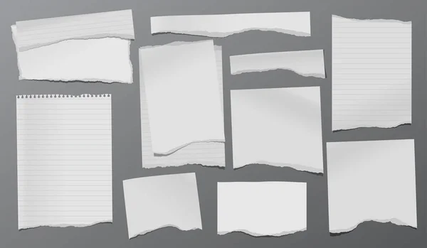 Rasgado de nota branca, tiras de papel de caderno e pedaços presos em fundo cinza escuro. Ilustração vetorial — Vetor de Stock