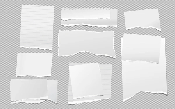 Torn of white note, notebook paper strips and pieces stuck on dark grey squared background. Vector illustration — Stock Vector