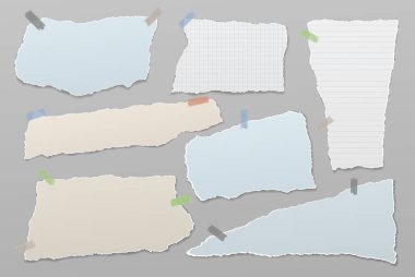 Yırtık beyaz ve mavi notlar, not defteri şeritleri ve gri arka planda kalmış parçalar. Vektör illüstrasyonu