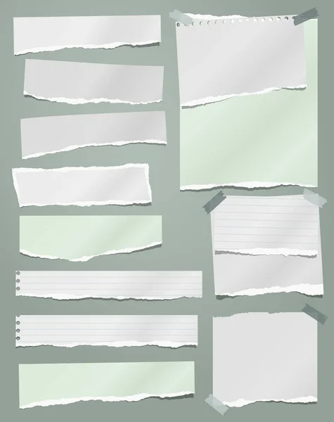 Torn white note, notebook paper strips and pieces stuck on green background. Vector illustration — Stock Vector