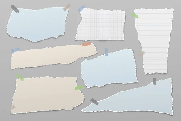 Zerrissene weiße und blaue Notizen, Notizbuchstreifen und -stücke, die auf grauem Hintergrund klebten. Vektorillustration — Stockvektor