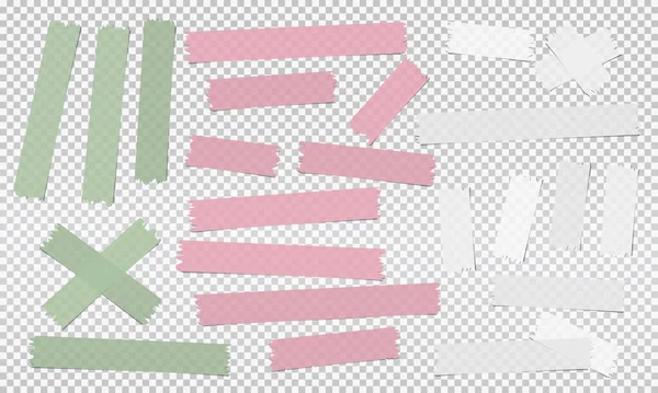 Белый, розовый, зеленый разного размера, клейкий, маскирующий, водопроводная лента, бумажные кусочки на квадратном фоне — стоковый вектор