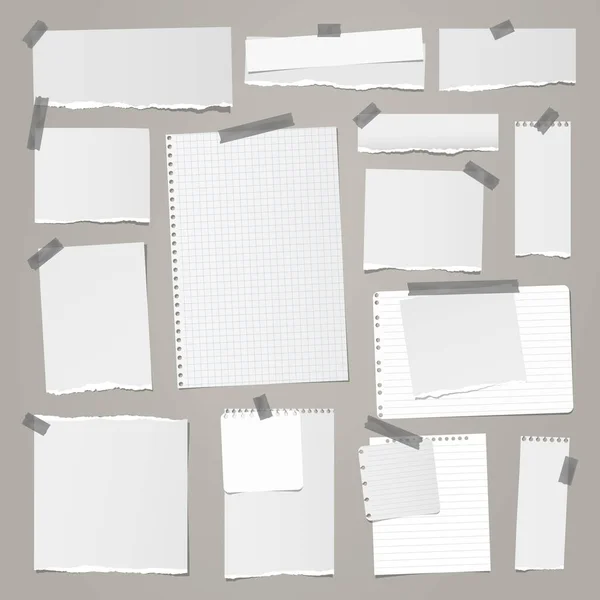 Torn white squared and lined note, notebook paper strips, pieces stuck with sticky tape on grey background. Vector illustration — Stock Vector