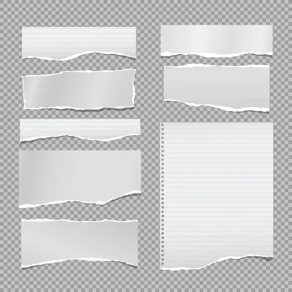 Gescheurde witte blanco en bekleed notitie, notebook papieren strips, stukken geplakt op grijze vierkante achtergrond. Vectorillustratie — Stockvector