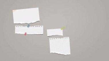 Beyaz renkli animasyon notları, defter kağıtları, parçalar gri arkaplanda.