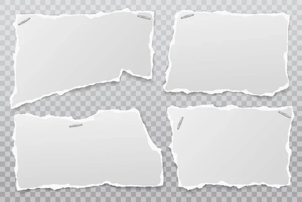 Rasgado de nota blanca, tiras de papel de cuaderno y piezas pegadas con swingline sobre fondo gris oscuro. Ilustración vectorial — Vector de stock