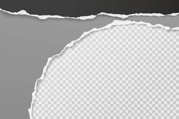 Bitar av sönderrivet, rippat svart, grått papper med mjuk skugga finns på fyrkantig bakgrund för text. Vektorillustration — Stock vektor