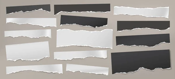 Rasgado de nota branca e preta, tiras de papel de caderno e pedaços presos em fundo cinza. Ilustração vetorial — Vetor de Stock