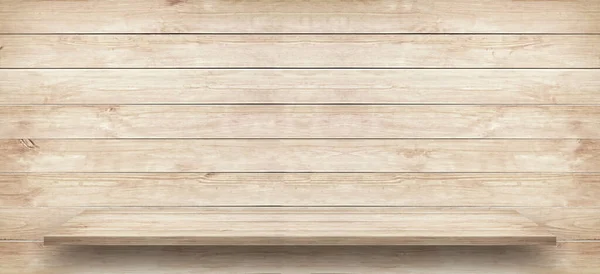 Weiße Holztischplatte oder Regal ist in der Nähe einer braunen Holzwand — Stockfoto