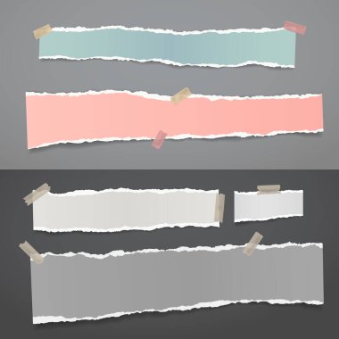 Beyaz, gri ve renkli notlar, not defteri şeritleri ve siyah ve gri arka planlara yapıştırılmış yapışkan bantlar. Vektör illüstrasyonu