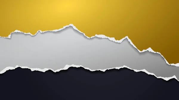 Strappati di carta grigia e dorata sono su sfondo nero per testo, pubblicità o design. Illustrazione vettoriale — Vettoriale Stock