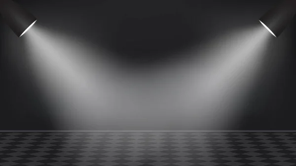 Lampen im schwarzen Atelier an der Wand, die im quadratischen Fußboden leuchten. Vektorillustration — Stockvektor
