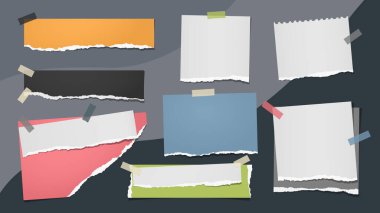 Beyaz ve renkli parlak notlar, not defteri şeritleri ve koyu gri arka planda yapışkan bantlarla yapıştırılmış parçalar. Vektör illüstrasyonu