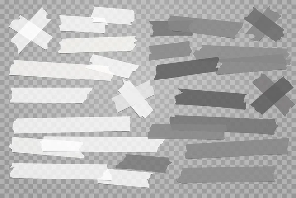 Набір білого сірого клею різного розміру, липкого, маскування, стрічки, паперові шматочки на темно-сірому прозорому фоні — стоковий вектор