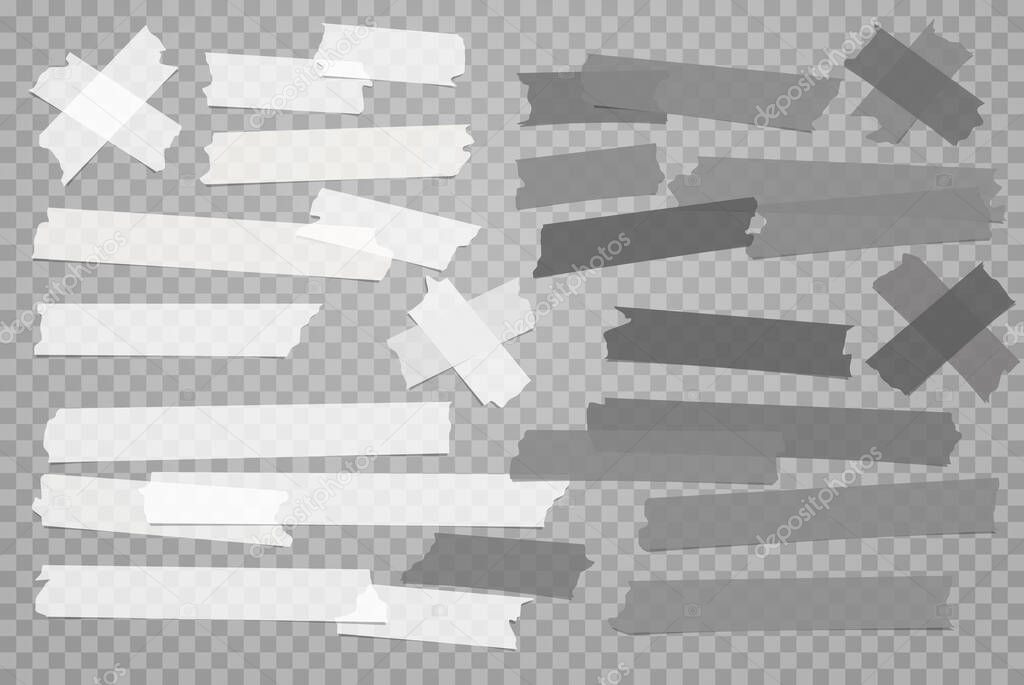 Set of white grey different size adhesive, sticky, masking, duct tape, paper pieces are on dark gray transparent background