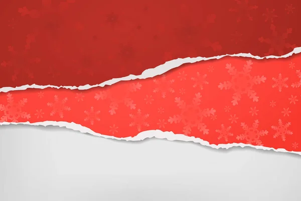 Pedaço de papel vermelho rasgado e rasgado com padrão de flocos de neve e sombra suave estão no fundo branco para texto. Ilustração vetorial —  Vetores de Stock