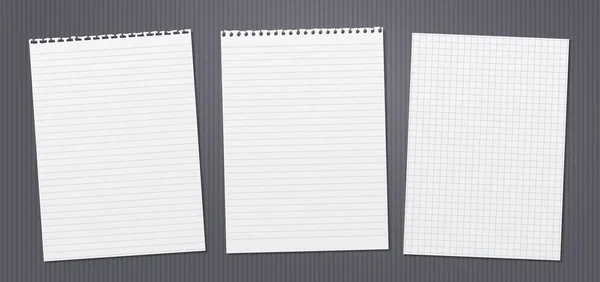 Wit gevoerde en wiskunde notitie, notebook papier met gescheurde randen geplakt op donkergrijs gevoerde backgroud. Vectorillustratie — Stockvector