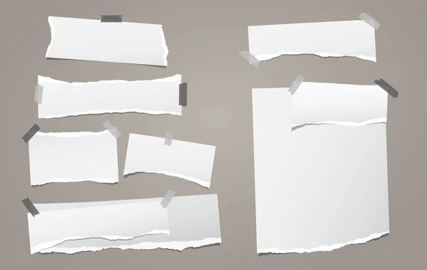Set of torn white note, notebook paper pieces stuck with sticky tape on brown background. Vector illustration — Stock Vector