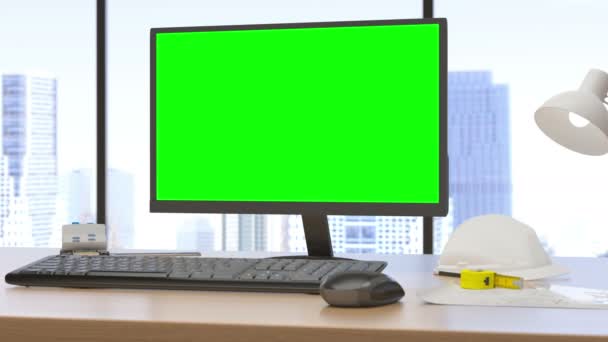 Monitor Com Faixa Tela Verde Desktop — Vídeo de Stock