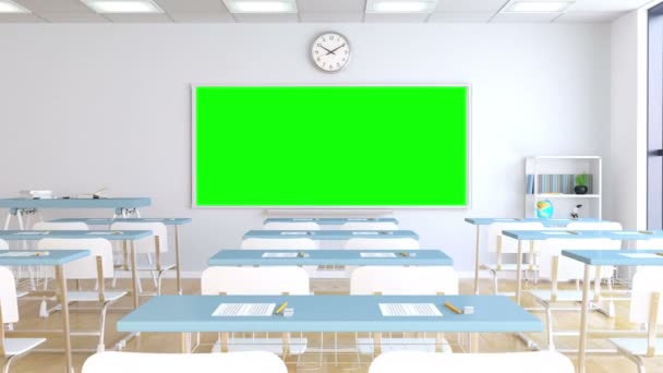 School Klas Met Bureaus Schoolbord Met Track Groen Display — Stockvideo