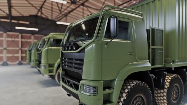 Militärlastwagen Lagerhalle Animation — Stockvideo