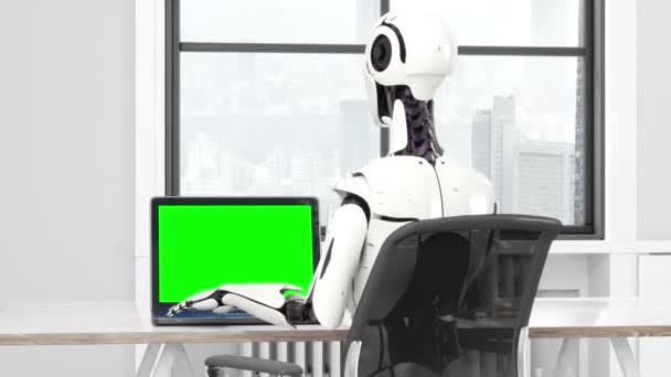 Robot Con Computer Portatile Con Schermo Verde Spazio Copia — Video Stock