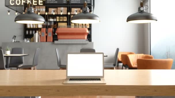 Laptop Met Blanco Scherm Tafel Met Café Achtergronden — Stockvideo