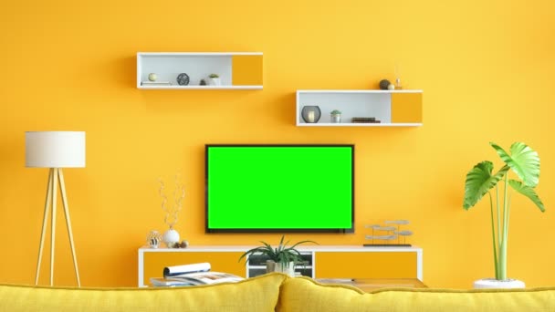 Intérieur Chambre Jaune Avec Canapé Avec Écran Vert Piste — Video