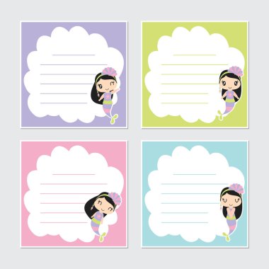 Şirin renkli deniz kızı kız çerçeve vektör karikatür çizim yaz faturası kağıt etiket tasarımı, ileti örneği ve planlayıcısı için