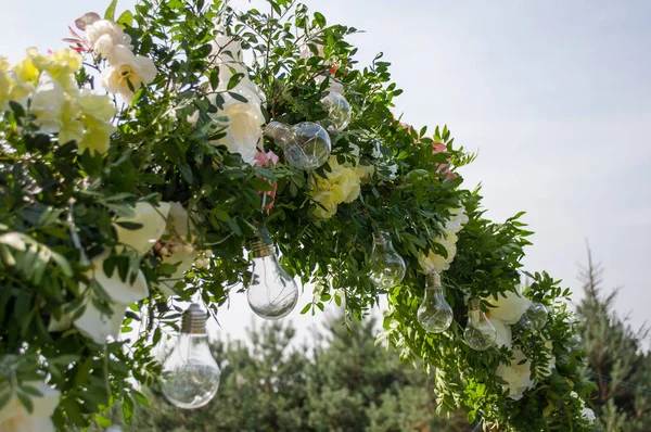 Dekoratif açık dize ışıklar bahçedeki ağaç üzerinde asılı. Dış taraf bir ampul dekor.