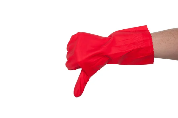 梨花の腕にクリーニングの赤い手袋を親指を表示します 清浄度の概念 — ストック写真