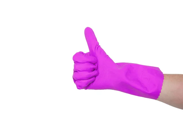 Purpurfarbener Putzhandschuh Weiblicher Hand Zeigt Daumen Hoch Das Konzept Der — Stockfoto