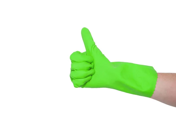 Зеленая Перчатка Чистки Женской Руки Показывает Большой Палец Вверх Понятие — стоковое фото