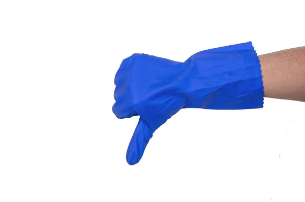 Kadının koluna temizlik için mavi eldiven göster başparmak. Temizlik kavramını.