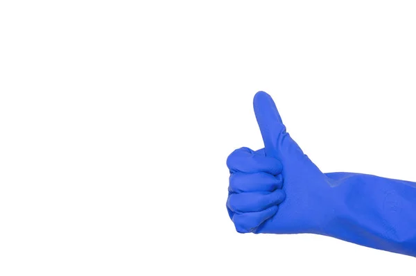 Luva Azul Para Limpar Uma Mão Feminina Mostra Polegar Para — Fotografia de Stock