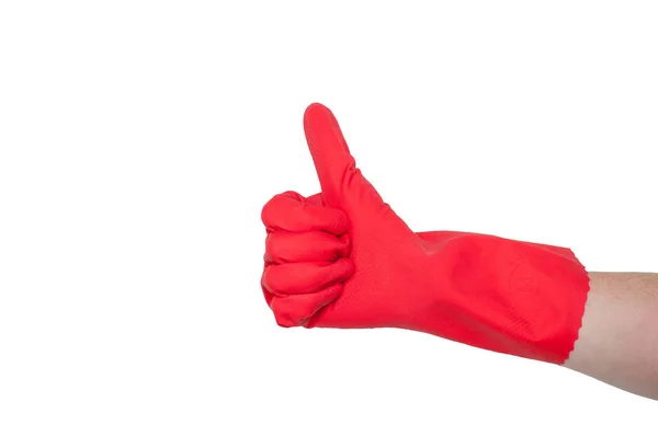 Красная Перчатка Чистки Женской Руки Показывает Большой Палец Вверх Понятие — стоковое фото