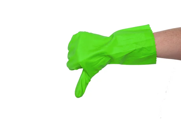 Grön Handske För Rengöring Kvinnans Arm Visar Tummen Ner Begreppet — Stockfoto