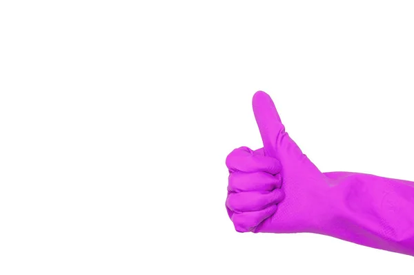 Purpurfarbener Putzhandschuh Weiblicher Hand Zeigt Daumen Hoch Das Konzept Der — Stockfoto