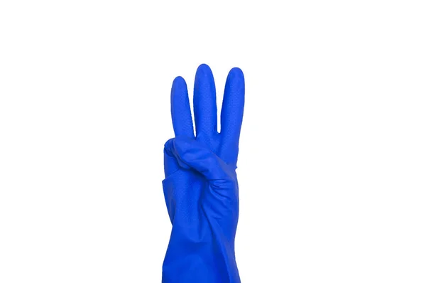 Signes Faits Gants Protection Bleus Doigts Symbole Trois Isolé Sur — Photo